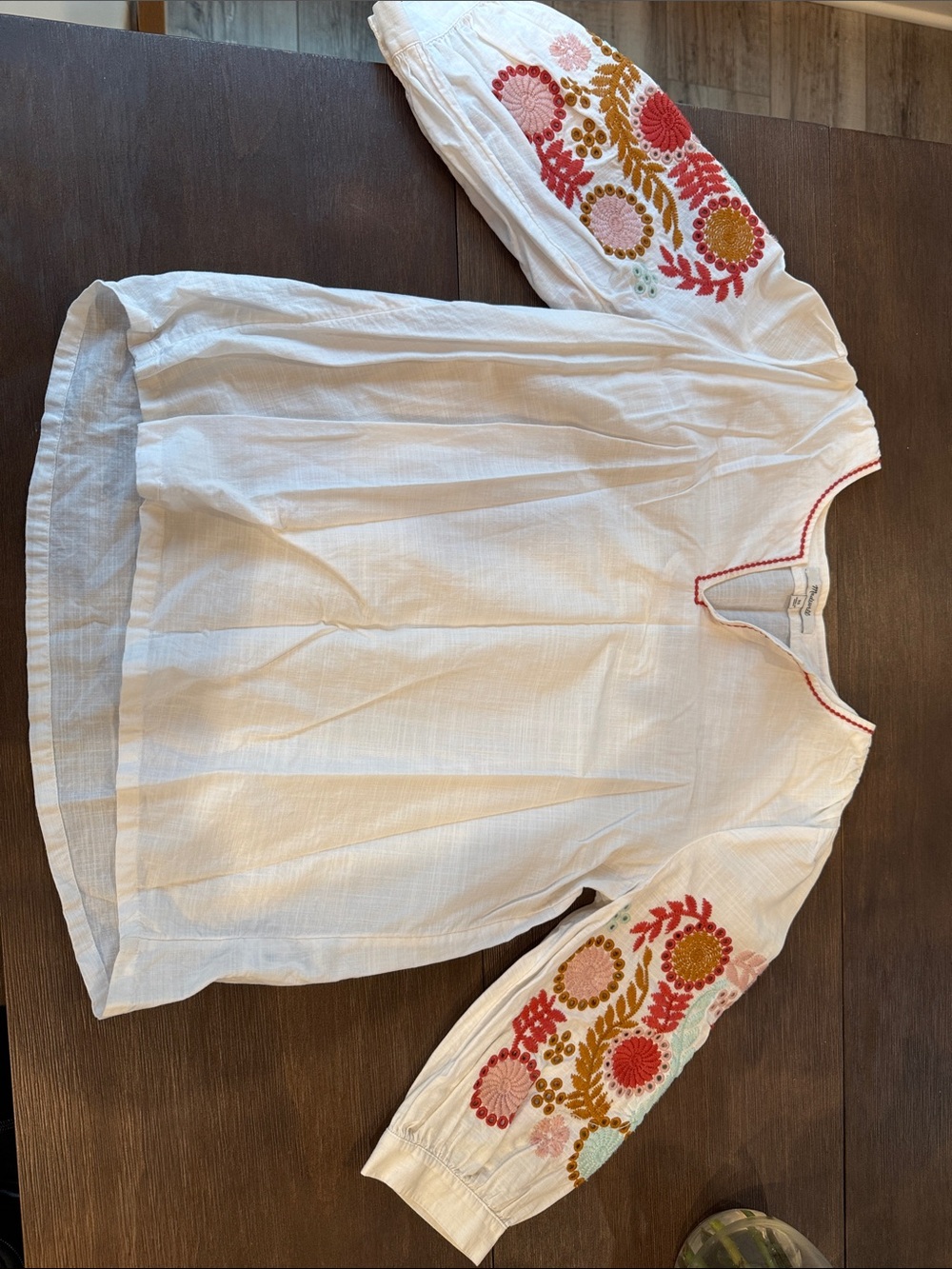 Madewell White Linen Peasant Top with Red Stitching